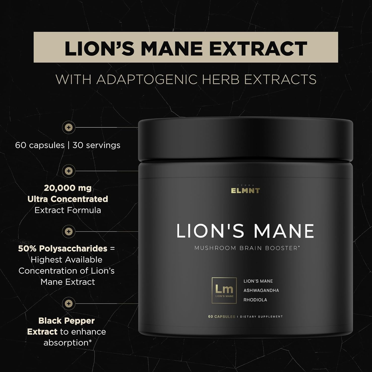 20,000mg 16x Strength Lions Mane Supplement Capsules Super Nootropic w. Ashwagandha & Rhodiola - Highest Potency Lion's Mane Mushroom Extract 50% Polysaccharides Brain Supplements for Memory and Focus