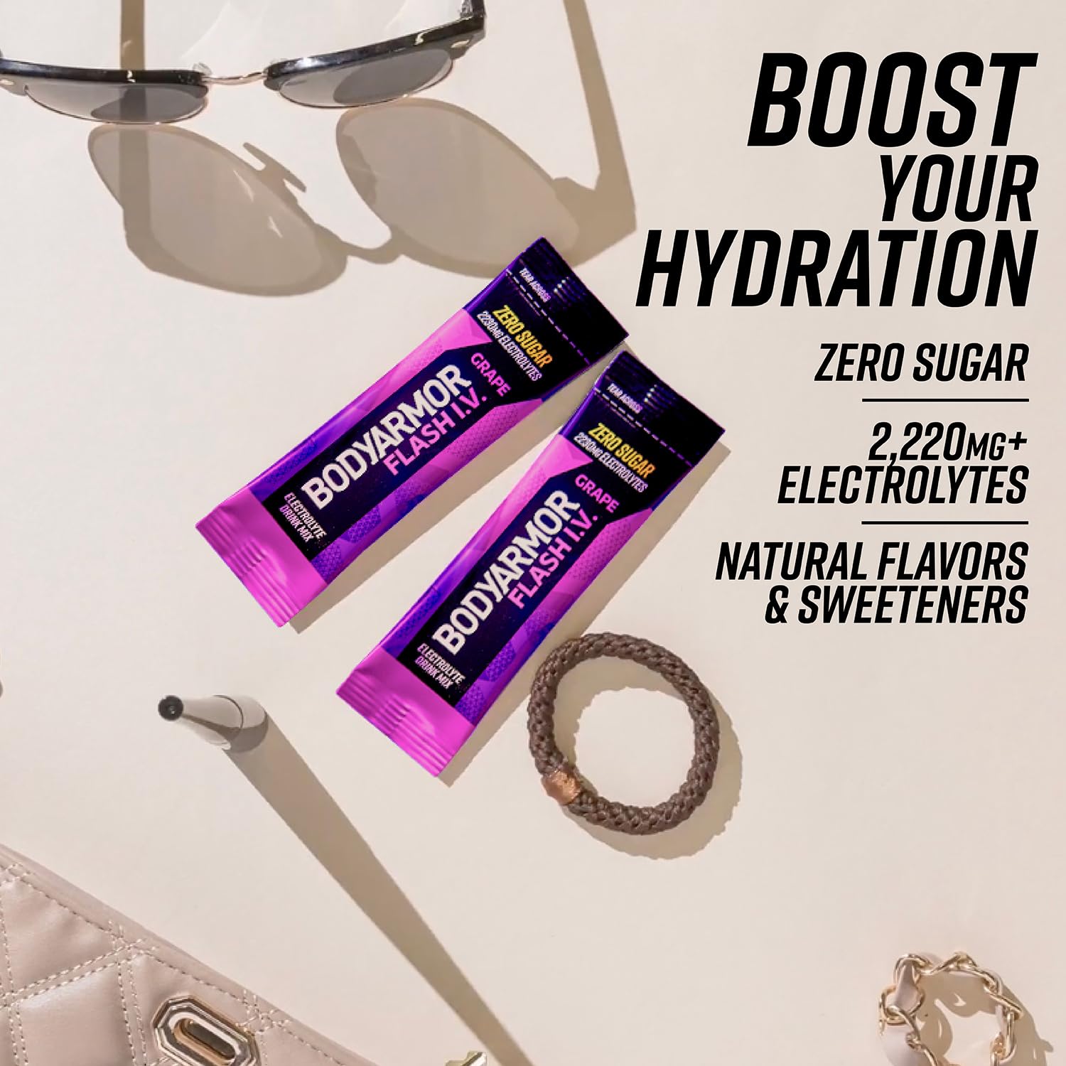 BODYARMOR Flash IV Electrolyte Packets, Grape - Zero Sugar Drink Mix, Single Serve Packs, Coconut Water Powder (6 Count)