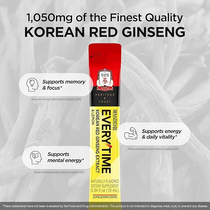 JUNG KWAN JANG Everytime Korean Red Ginseng Extract 1,050mg & Lemon - Vegan Energy Drink Liquid Stick Supplements - No Caffeine, No Gluten, Non-GMO 0.34 fl oz, 10ea (Pack of 6)