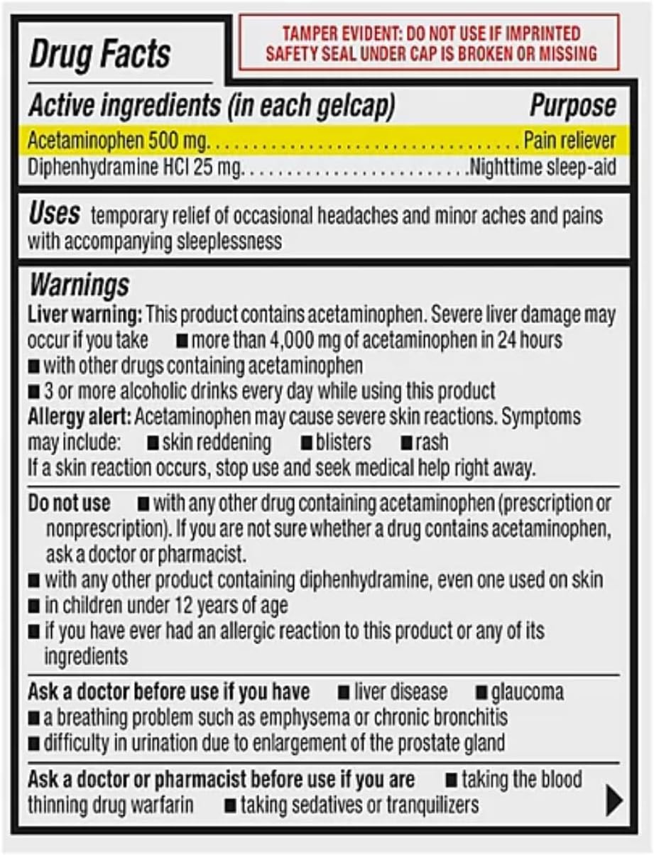 Acetaminophen PM Extra Strength 375 Gelcaps| Pain Reliever & Fever Reducer for Migraines, Joint, Muscle or Back, and Menstrual Pain - Extra Strength Acetaminophen PM, 500mg - 375 Gelcaps (Pack of 1)