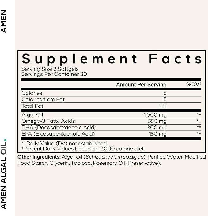 Amen Algal Oil Vegan Omega-3 Supplement – 1000mg DHA & EPA, Plant-Based Microalgae Oil, Non-GMO, 60 Softgels