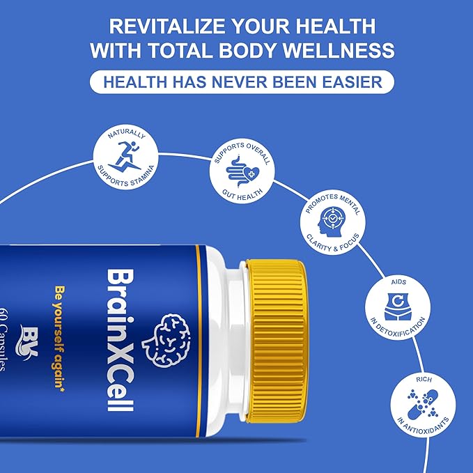 BLUE VIBE Brainxcell Capsules, Brain x Cell Advanced All Natural Memory & Focus Support Supplement Pills, Brainxcell Maximum Strength Premium Brain and Memory Support Pills (1 Pack - 60 Capsules)