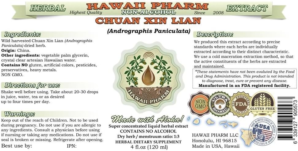 Chuan Xin Lian Alcohol-Free Liquid Extract, Chuan Xin Lian, Andrographis (Andrographis Paniculata) Herb Glycerite Hawaii Pharm Natural Herbal Supplement 2 oz
