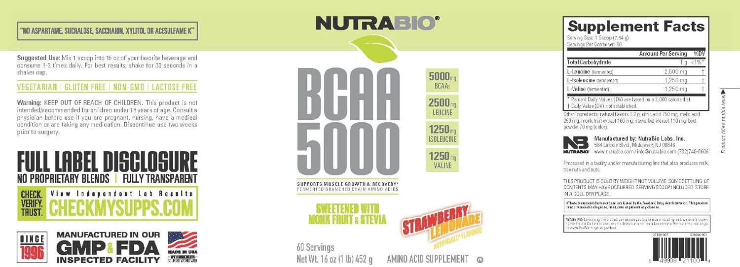 NutraBio BCAA 5000 Powder - Fermented Branched Chain Amino Acids for Muscle Growth & Recovery - Natural Flavors, Sweeteners, and Coloring, Vegan, Gluten Free - Strawberry Lemonade, 60 Servings
