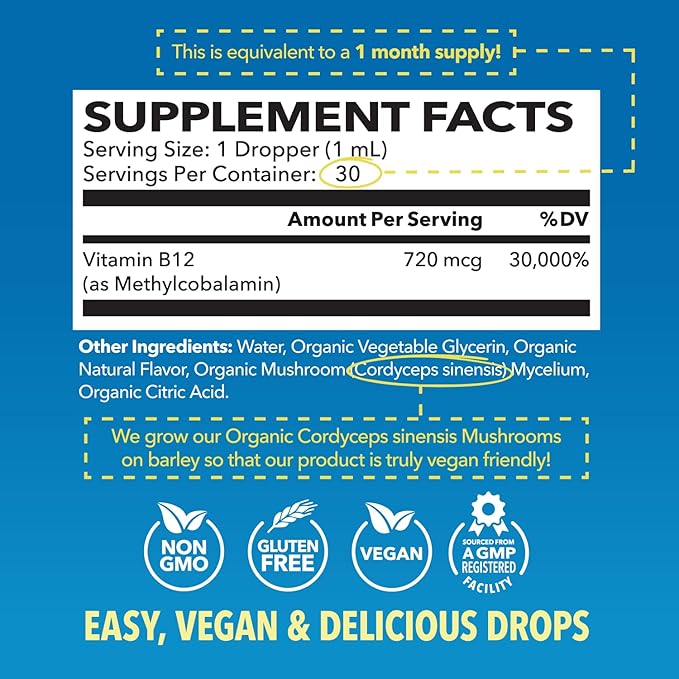 USDA Organic Vitamin B12 Liquid Drops - Methylcobalamin for Enhanced Energy and Nervous System Support - 30 Servings - Highly Bioavailable for Absorption - Non-GMO, Vegan, Strawberry Flavor, 1 Fl Oz
