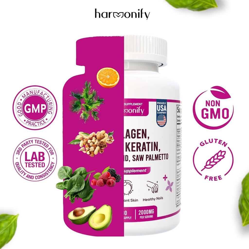 Collagen Biotin Keratin Hyaluronic Acid Complex Supplement with Vitamin E, Folic Acid, Pumpkin Seed and MSM, 60 Capsules, 1000 mg