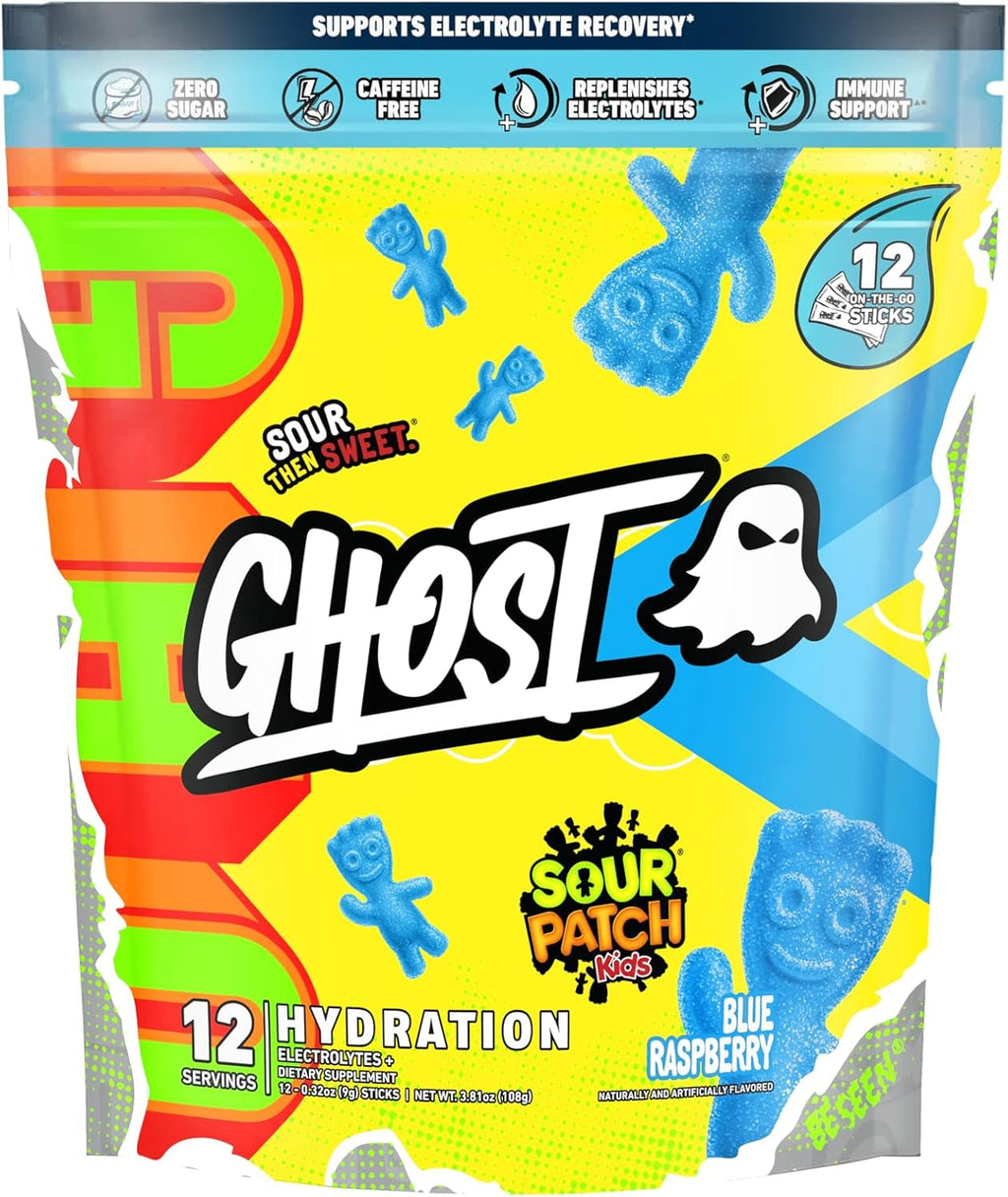 GHOST Hydration Packets, Sour Patch Kids Blue Raspberry, 12 Sticks, Electrolyte Powder - Drink Mix Supplement with Magnesium, Potassium, Calcium, Vitamin C - Vegan, Free of Soy, Sugar & Gluten