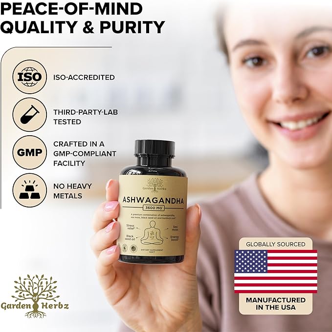 Organic Ashwagandha Root & Irish Sea Moss – 3,600 mg Ashwagandha Supplement with Black Seed Oil, & Burdock Root – Herbal Supplement for Energy, Extra Strength, 60 Caps
