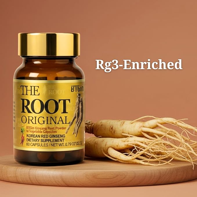 The Root Original Korean Red Panax Ginseng Supplement - 100% Whole Fine Root Powder with Natural Fiber & Minerals - Caffeine Free Stamina, Wellness & Immunity Support - 60 Capsules