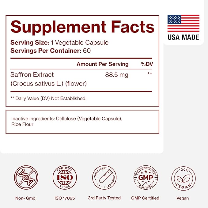 Saffron Supplements - 100% Pure Saffron Extract Capsules - Boost Energy & Mood, Support Eye & Heart Health