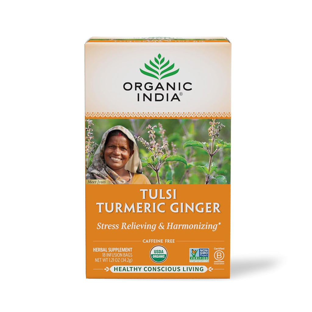 Organic India Tulsi Turmeric Ginger Herbal Tea - Holy Basil, Stress Relieving & Harmonizing, Immune Support, Healthy Inflammatory Response, Aids Digestion, Caffeine-Free - 18 Infusion Bags, 1 Pack