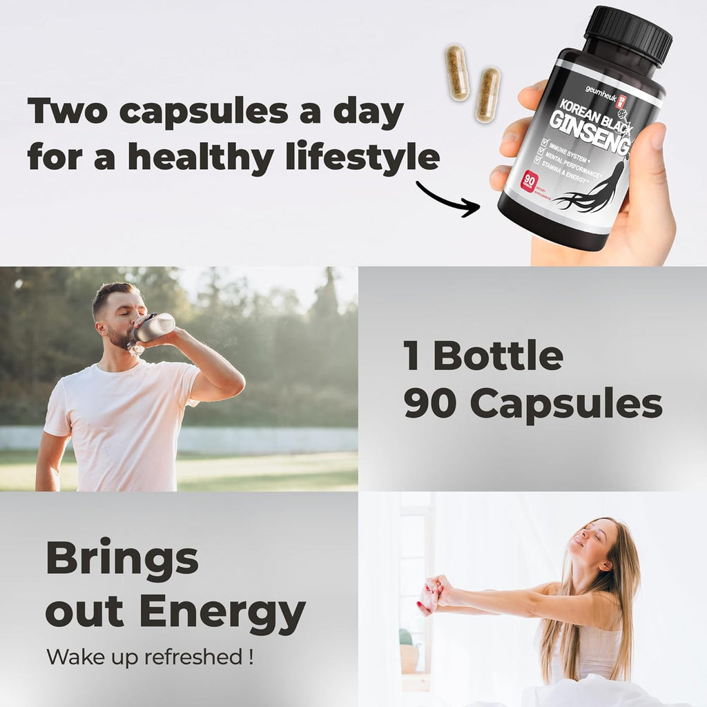 Korean Black Panax Ginseng Capsule 1000mg - 90 Vegan Capsules Non GMO, High Ginsenosides, High Absorption Rate, Enhance Immunity, Mental Performance, Stamina & Energy, Men & Women