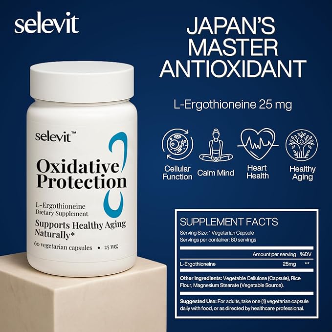 Oxidative Protection (L-Ergothioneine) 25mg - 60 Vegetarian Capsules, High-Purity & Potency, Nurtures Youthful Glow and Energy Daily, 30-Day Supply, GMP Certified, Made in USA