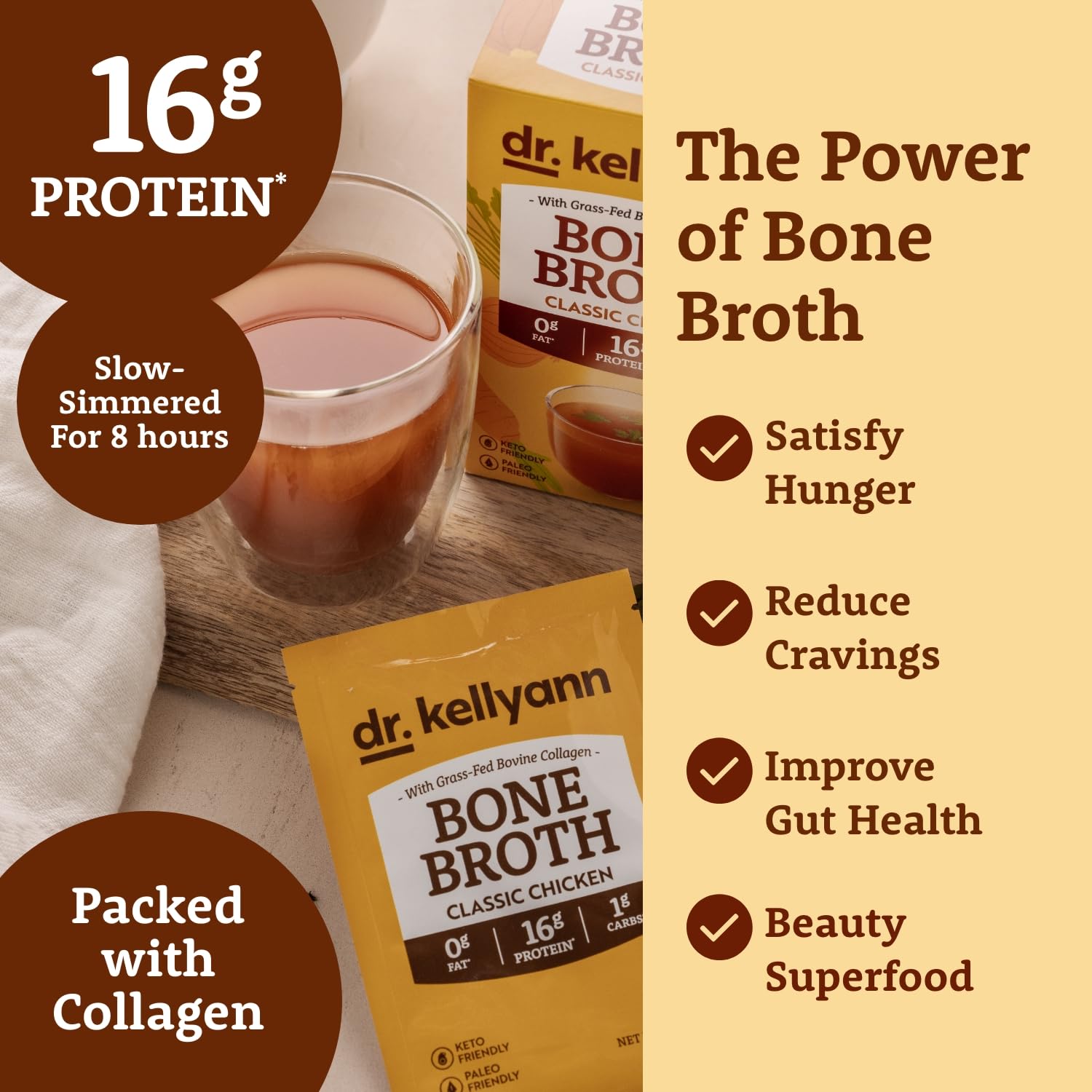 Dr. Kellyann Bone Broth Collagen Powder Packets (35 Servings) – Grass-Fed Hydrolyzed Collagen, Keto & Paleo-Friendly, 5 Pack