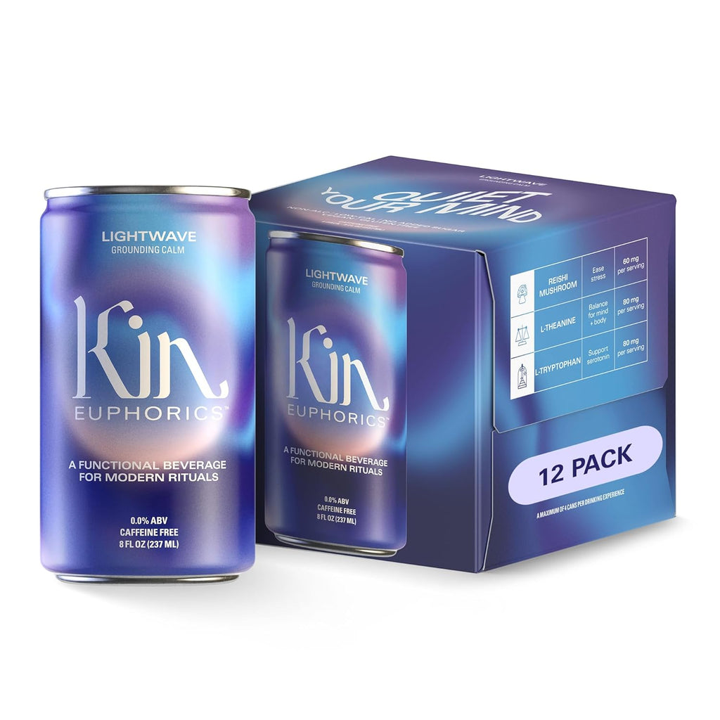 Kin Euphorics Lightwave Non-Alcoholic Functional Beverage | Calm the Mind & Mellow the Mood | Adaptogens, Nootropics, Reishi Mushroom & L-Theanine | 8 Fl Oz (12pk)