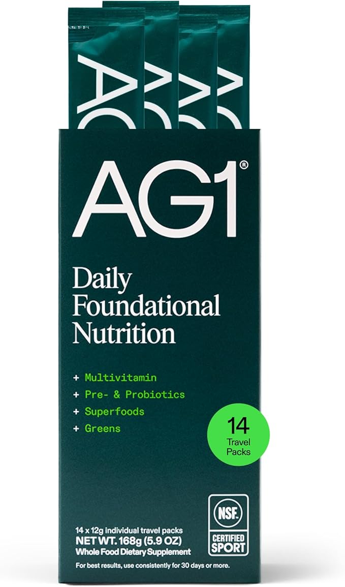 AG1 Athletic Greens Powder Supplement, Improve Gut Health, Multivitamin, Probiotic, Gluten Free, Vegan and Keto Friendly, 75 Vitamins (Travel Packs, 14 Count) - Classic Formula
