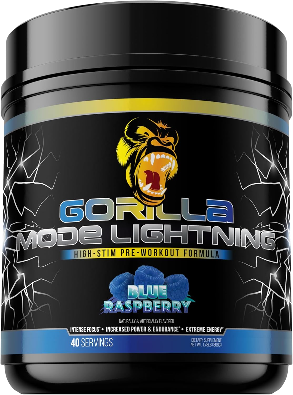 Gorilla Mode Lightning Pre-Workout - Extreme Energy · Laser Focus · Powerful Pumps · Peak Performance - 550mg Caffeine, 13500mg L-Tyrosine, Alpha-GPC– 808g (Blue Raspberry)