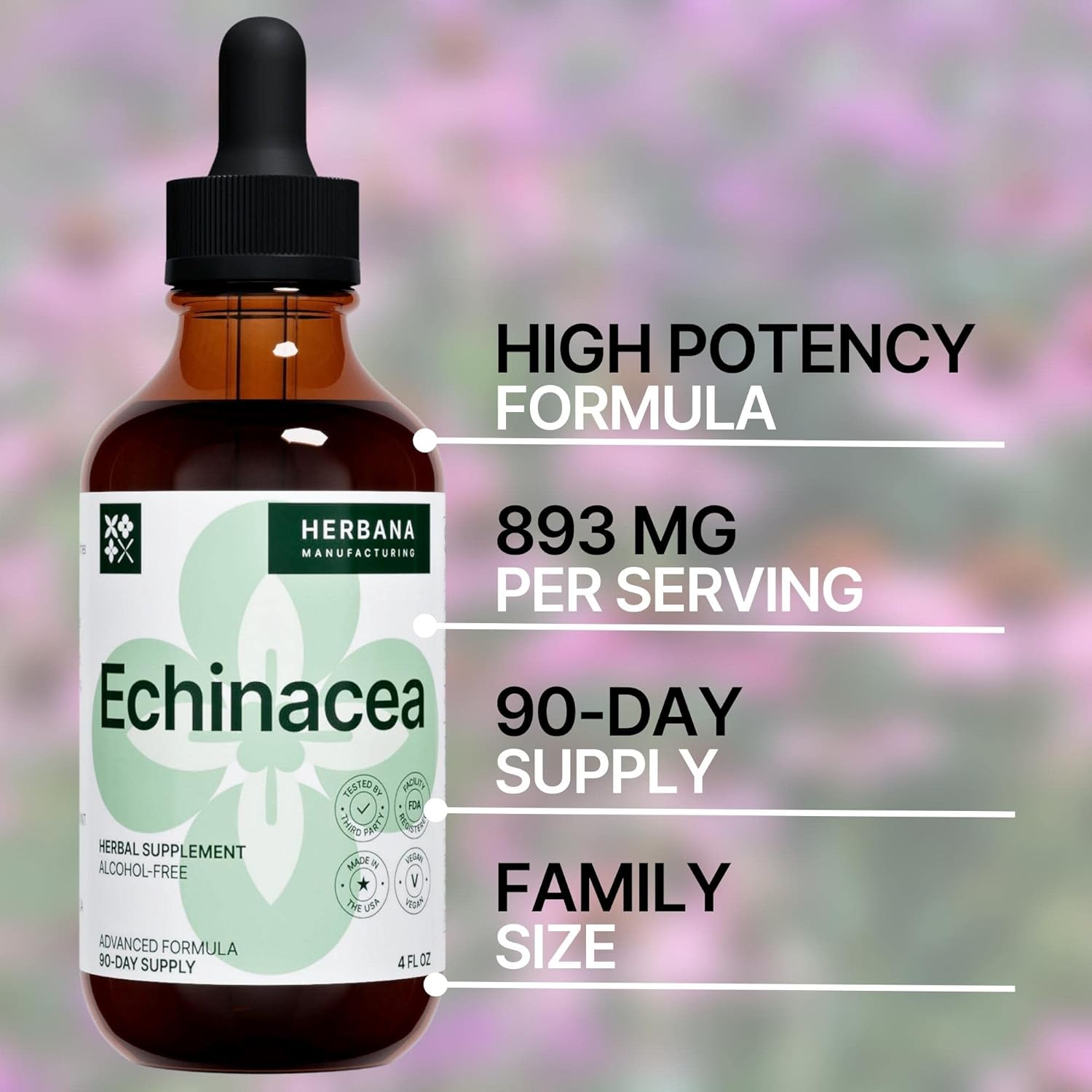 Echinacea 4 fl oz Liquid Extract - Organic Root, Leaf, Flower, Seed - Natural Herbal Supplement - Body, Immune System Support Tincture - High Potency Drops - 90-Day Supply - Family Size