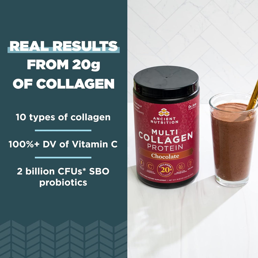 Ancient Nutrition Hydrolyzed Collagen Peptides Powder with Probiotics, Chocolate Multi Collagen Protein for Women and Men with Vitamin C, 40 Servings, Supports Skin and Nails, Gut Health, 16.65oz