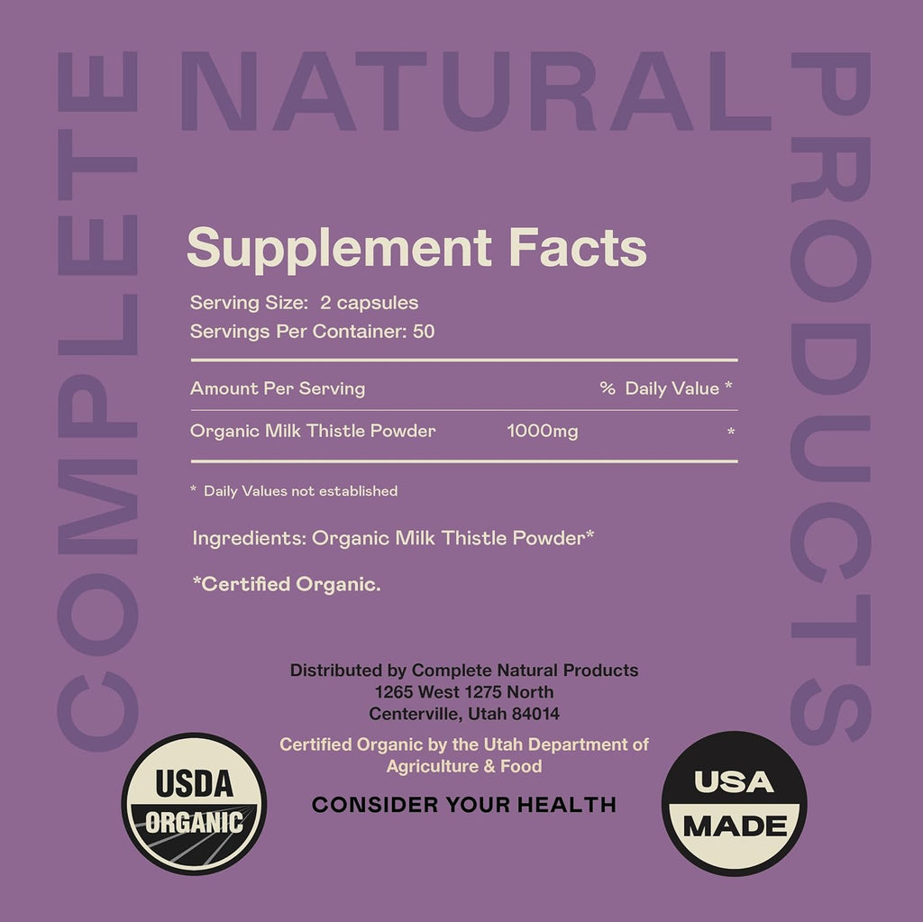 Complete Natural Products Pure Organic Milk Thistle Capsules - 500 mg Silymarin Powder 100 Pills