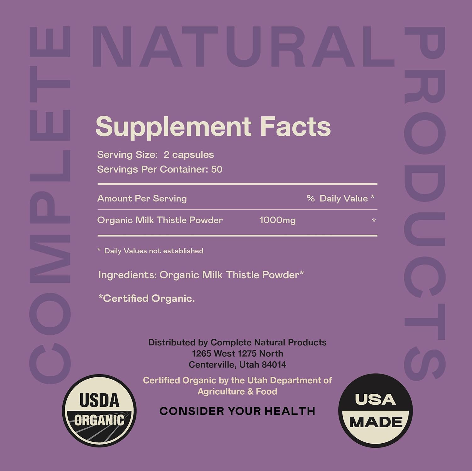 Complete Natural Products Pure Organic Milk Thistle Capsules - 500 mg Silymarin Powder 100 Pills