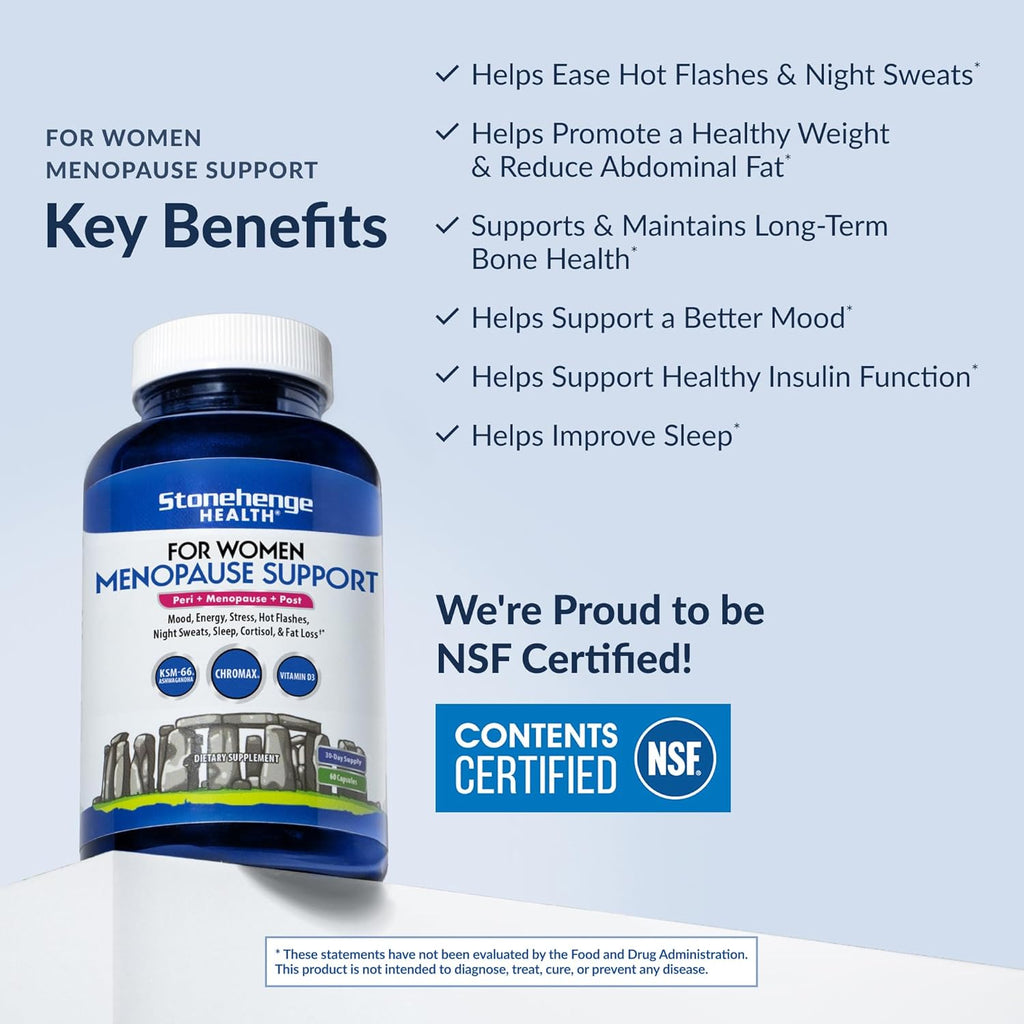 Stonehenge Health for Women Menopause Support for Peri + Menopause + Post - Mood, Energy, Stress, Hot Flashes, Night Sweats, Sleep & Cortisol, Chromax Chromium, Vitamin D3, KSM-66 Ashwagandha Extract
