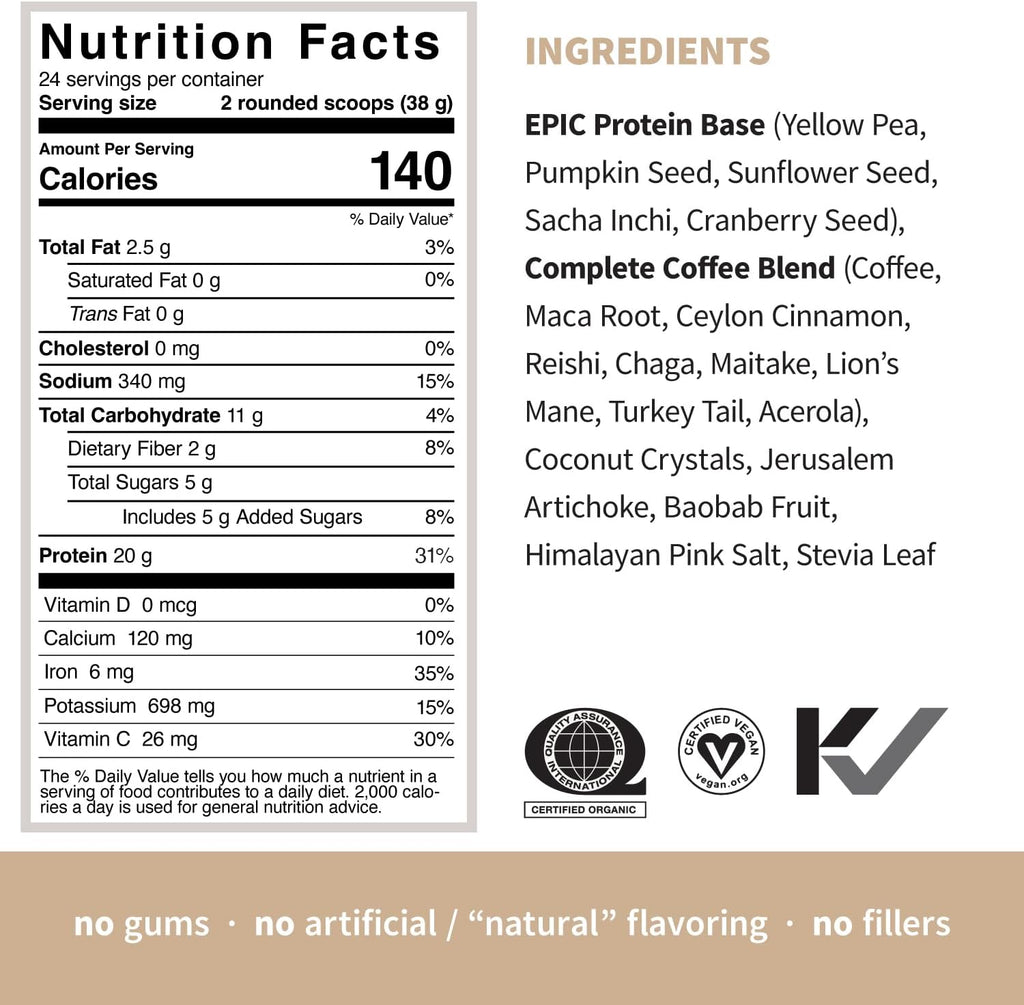 Sprout Living, Epic Protein, Plant Based Protein & Superfoods Powder, Complete Coffee | 20 Grams Organic Protein Powder, Adaptogens, Mushrooms, Vegan, Non-GMO, Gluten Free (2 Pound, 24 Servings)