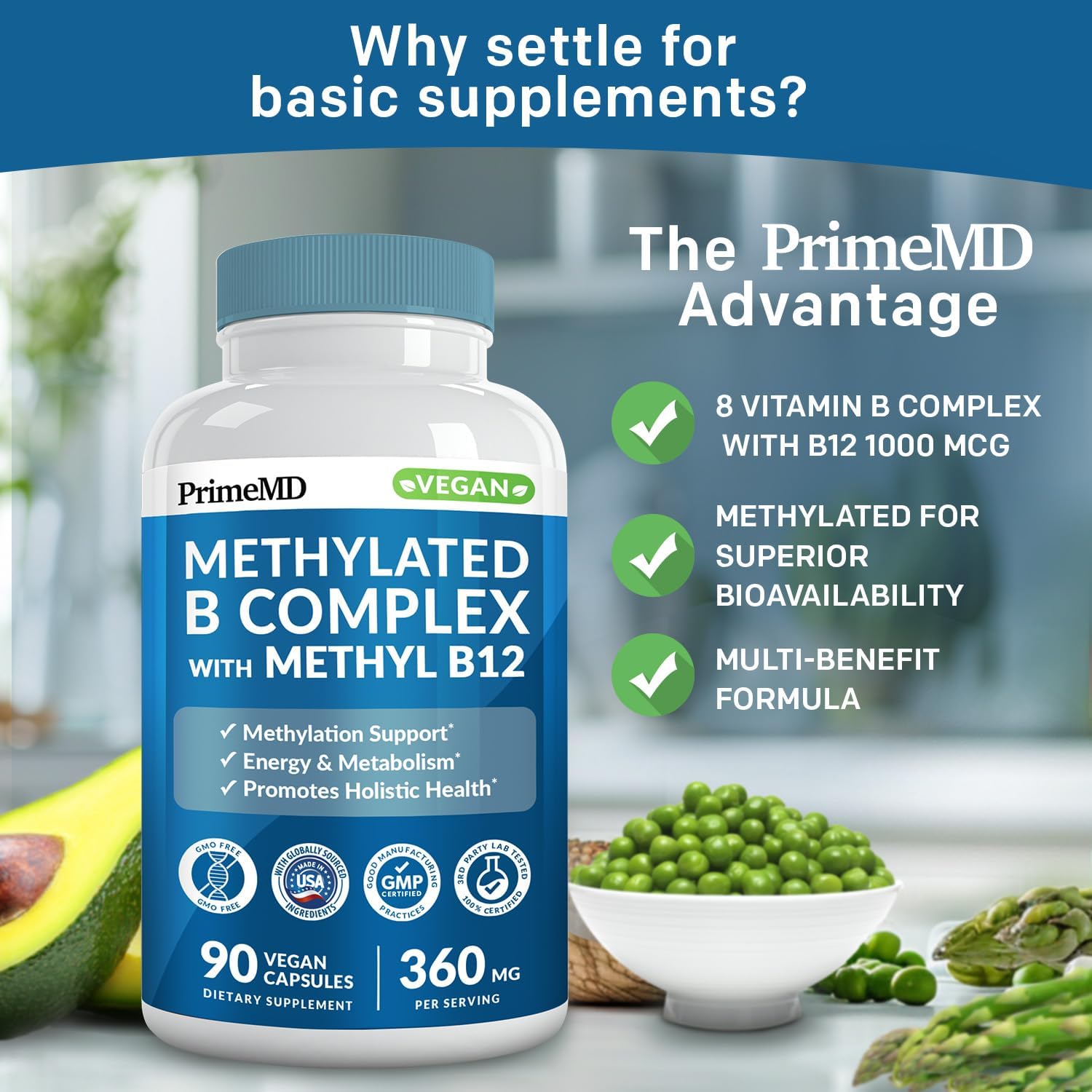 Methylated B Complex with B12 Methylcobalamin & Methyl Folate 1000 mcg - Premium Vitamin B Complex for Energy, Brain Function, and Wellness - Methylated Multivitamin (270 Servings, Pack of 3)