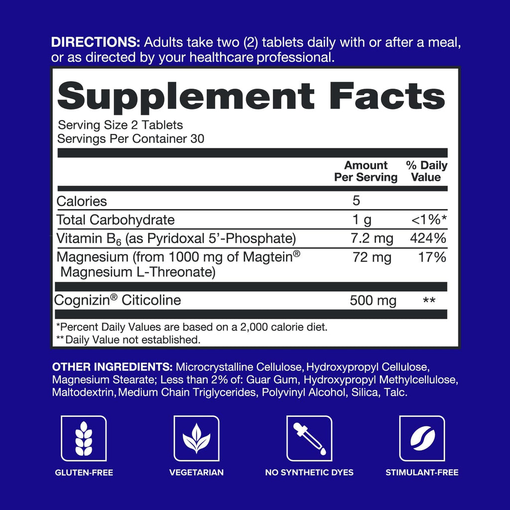 Qunol Brain Health Memory Plus with B6, Magnesium L-Threonate & Citicoline, Clinically Tested Ingredients to Improve Memory, Focus, Attention and Productivity, 60 Count (Pack of 1)