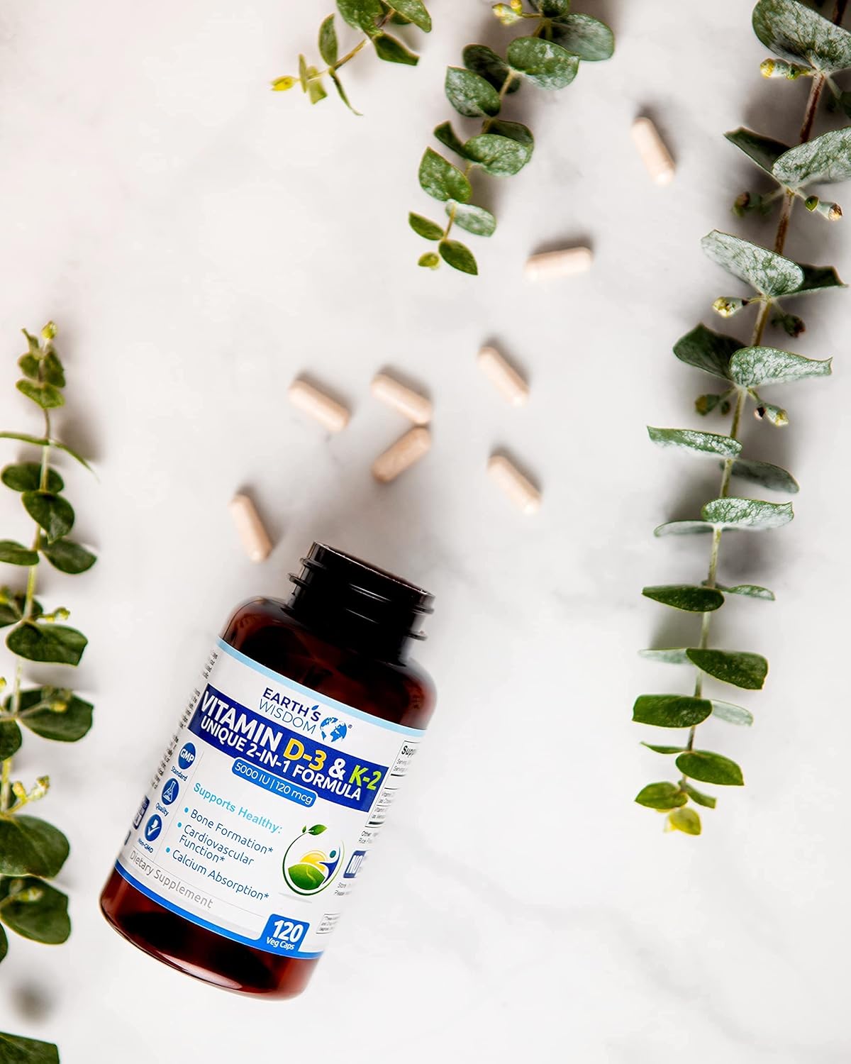 Earth's Wisdom Vitamin D3 5000 IU with K2 (MK7) Formula. Muscle, Bone, Heart & Immune Support. Superior Absorption. 120 Capsules. Free from Gluten, Dairy, Soy. Non-GMO. Manufactured in USA.