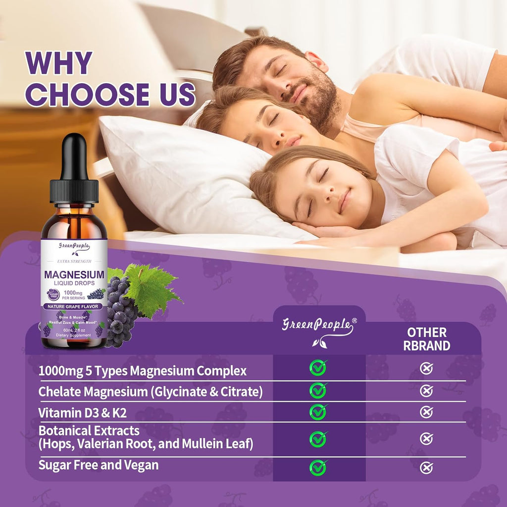 GREENPEOPLE Magnesium Glycinate Liquid Drops - 1000mg 5-in-1 High Absorption Liquid Magnesium for Sleep with D3/K2/B6 | Fast-Acting, Bone, Muscle & Sleep | Sugar-Free Grape Flavor, 2fl Oz