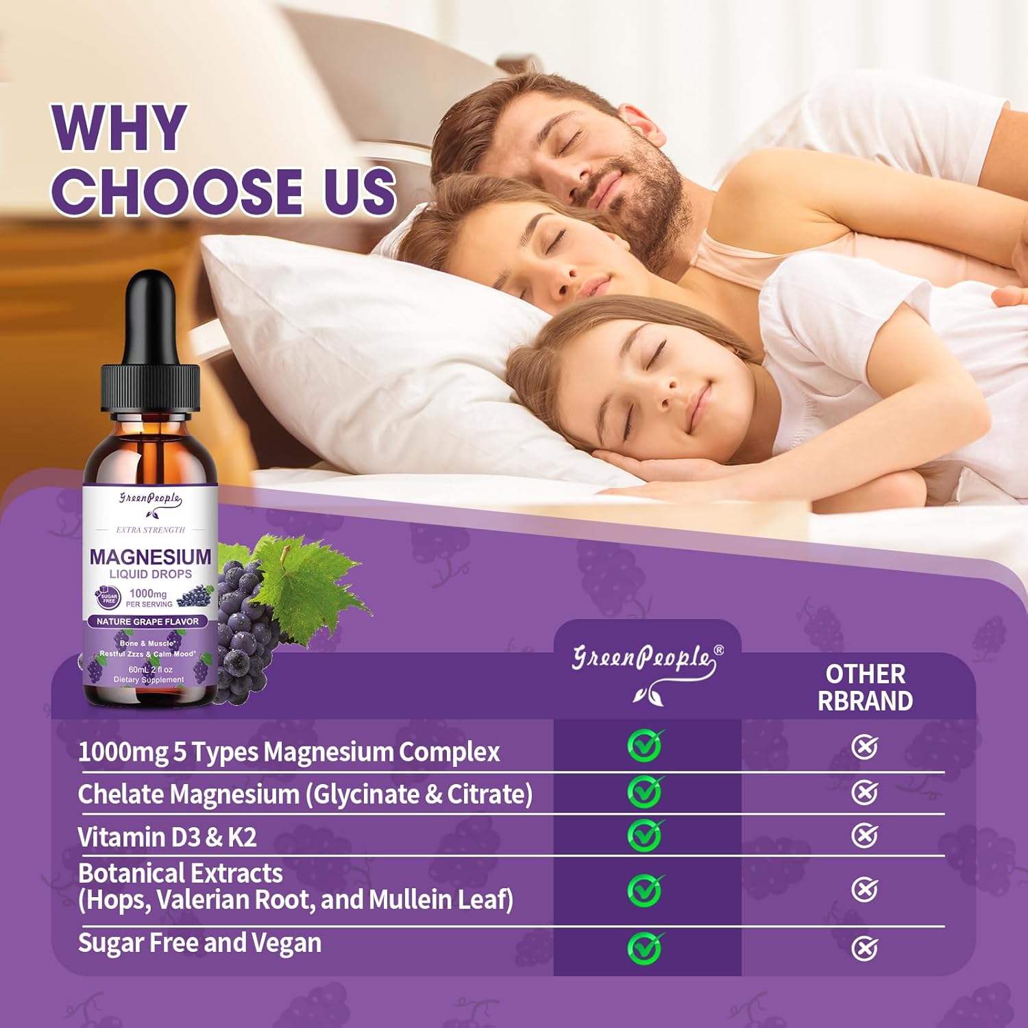GREENPEOPLE Magnesium Glycinate Liquid Drops - 1000mg 5-in-1 High Absorption Liquid Magnesium for Sleep with D3/K2/B6 | Fast-Acting, Bone, Muscle & Sleep | Sugar-Free Grape Flavor, 2fl Oz