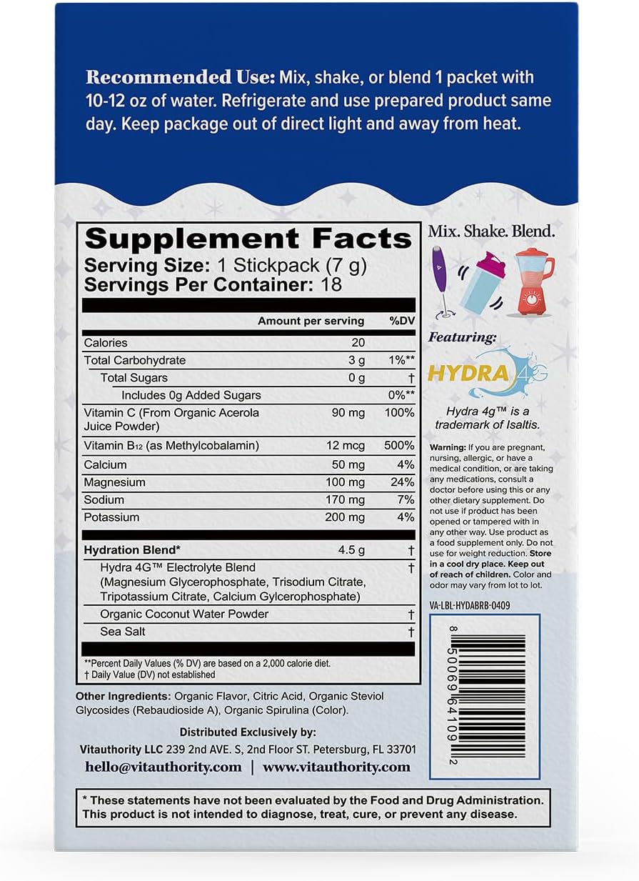 Hydration Electrolyte Powder Packets Blend Magnesium Calcium Sodium Potassium | Coconut Water + Vitamin C & B12 | Sugar-Free, Vegan, Non-GMO, Energy & Immune Support, 18 Servings Blue Raspberry Flavor