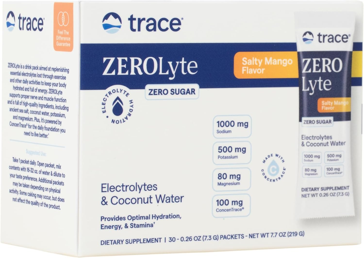 Trace Minerals ZeroLyte Salty Mango Flavor - Sugar Free Electrolyte Drink Mix - Supports Hydration, Energy, Stamina - Ancient Sea Salt, Full Spectrum Minerals, Coconut Water - 30 Packets