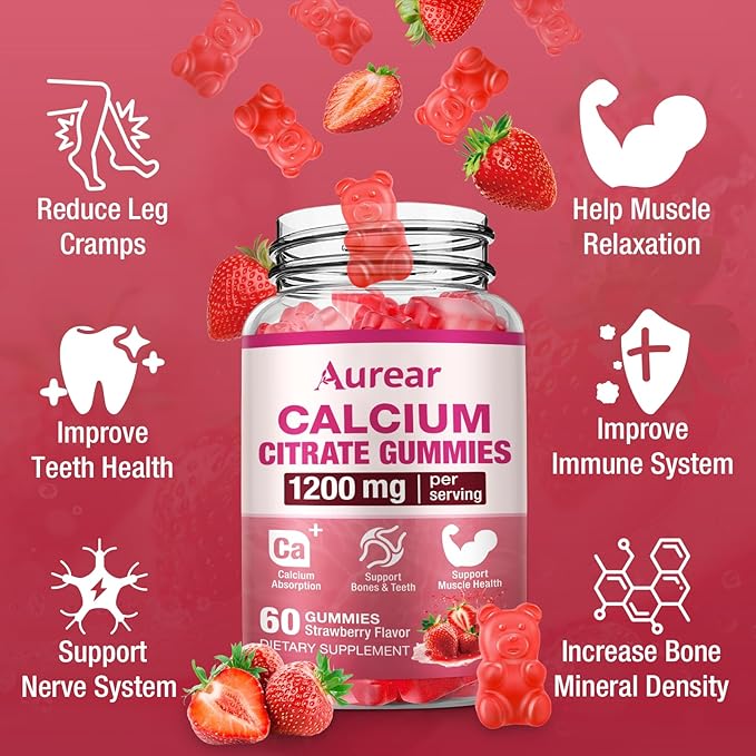 Calcium Citrate Gummies - Strawberry Flavor, 1200mg High Potency, Supports Bone, Muscle & Overall Wellness for Men, Women & Seniors, 60 Count Chewable Calcium Supplement (Pack of 2)
