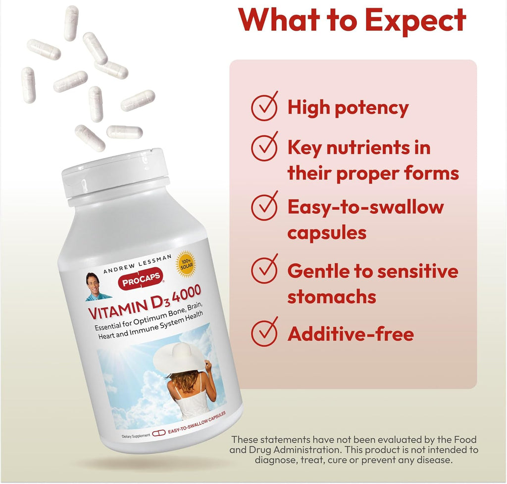 ANDREW LESSMAN Vitamin D3 4000 IU 180 Capsules - High Potency, Essential for Calcium Absorption, Supports Bone Health, Healthy Muscle Function, Immune System, More. Small Easy to Swallow Capsules