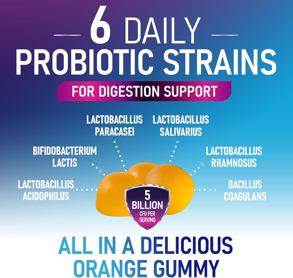 Probiotic Gummies 5 Billion CFU - Top 6 Pro Biotic Strains - Daily Probiotic Gummy Supplement for Women, Men & Teens - Natural Digestive Health, “Good” Gut & Immune Support - Orange Flavor - 120 Count