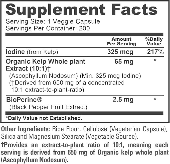 NusaPure Sea Kelp Natural Iodine 325mcg 10:1 Extract, 65 mg Equivalent to 650 mg Capsule 200 Count (Non-GMO, Vegan)
