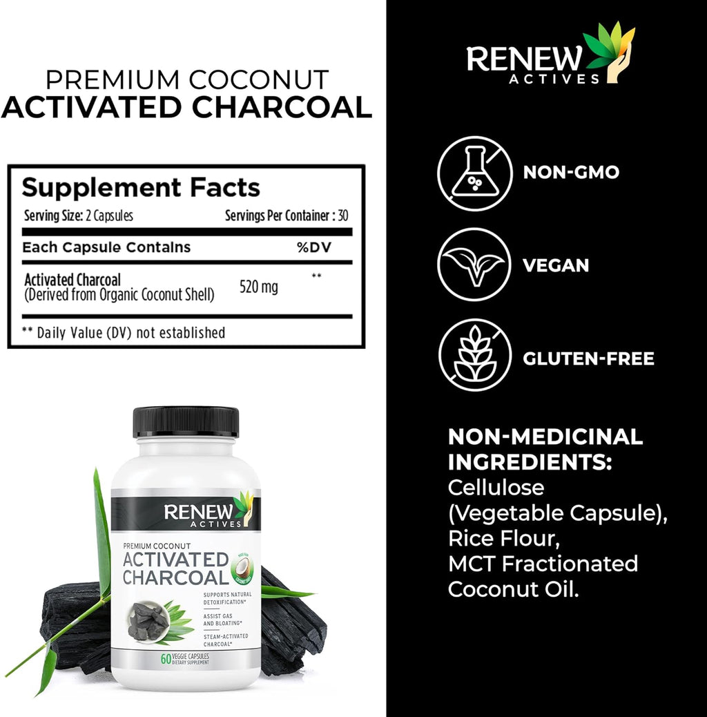 Renew Actives Activated Charcoal Supplement 1100MG per 2 Capsules - Digestive Support & Teeth Whitening Formula, No Artificial Ingredients - Made in Canada - 60 Capsules