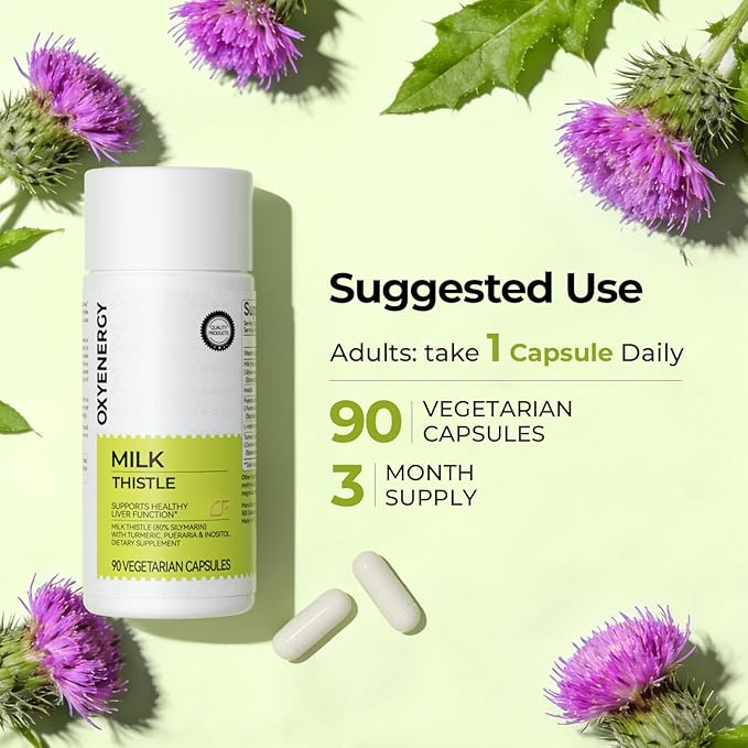 OxyEnergy Liver Cleanse Detox & Repair Supplement with 80% Milk Thistle, Turmeric, Inositol & Pueraria, Support Liver Health, Non-GMO, Gluten-Free, 90 Vegetarian Capsules, Made in USA