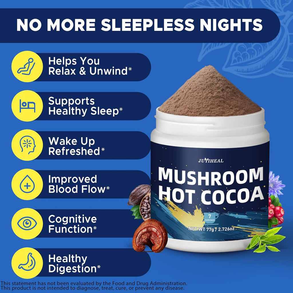 JUYIHEAL Mushroom Hot Cocoa with Melatonin, Reishi, Glycine, Cacao, L-Theanine, Chicory for Calm and Relax Support, Sleep Hot Cocoa Supplement ((7 Servings)