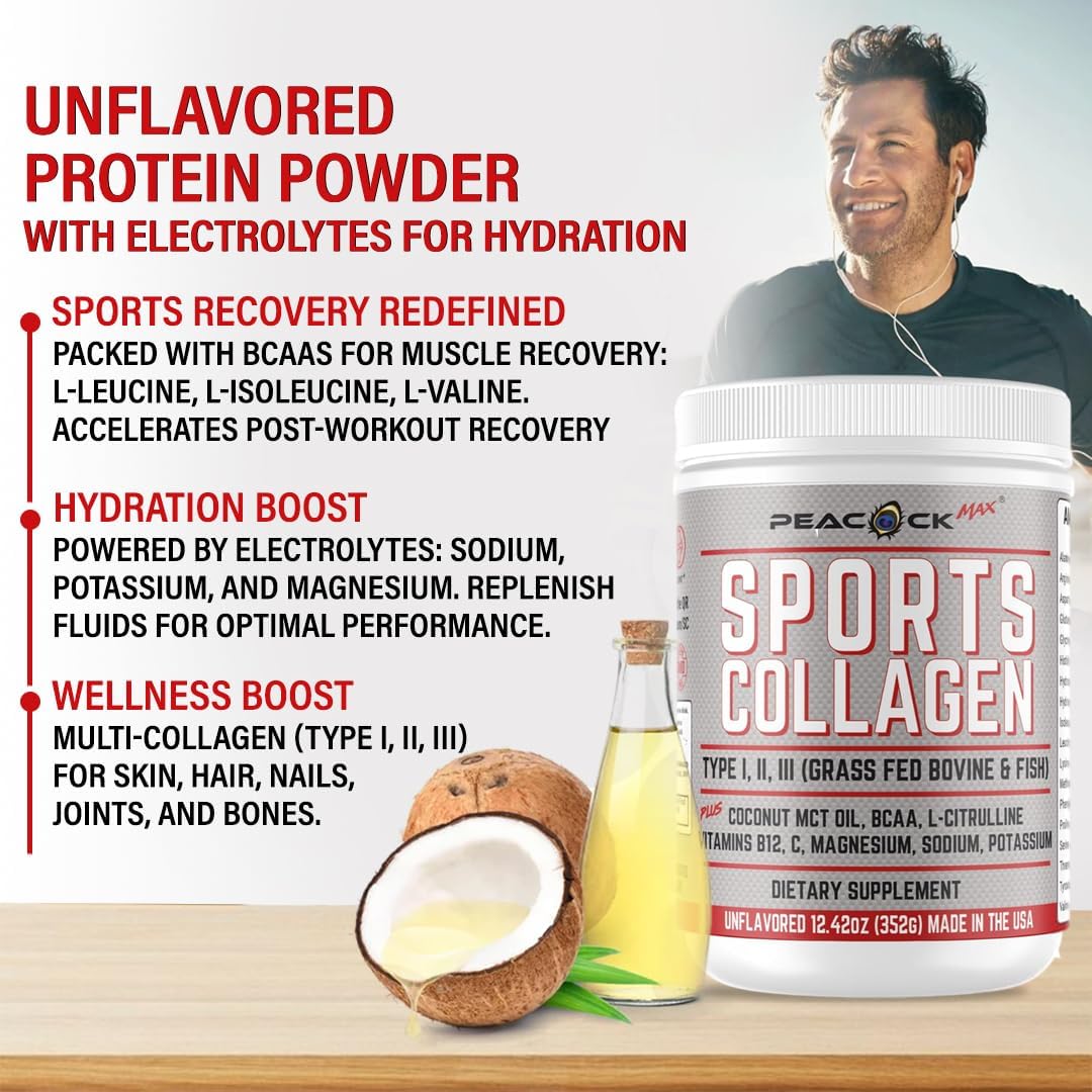 Sports Collagen Powder, 12.42 oz, Pack of 3 - Grass Fed Bovine & Wild Fish Hydrolyzed Type I, II, III Multi Collagen Peptides, Unflavored Protein Powder with BCAA, Magnesium & Electrolytes