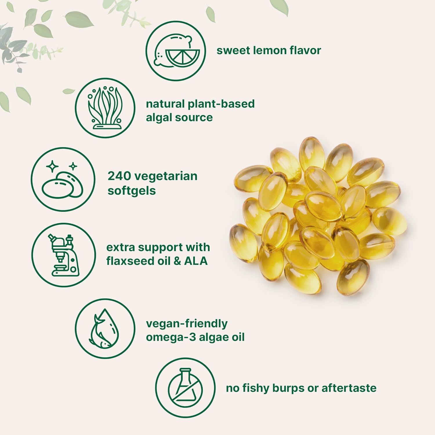Micro Ingredients Vegan Omega 3 Algae Oil, 240 Veggie Softgels | Fish Oil Alternative | DHA 500mg & DPA 100mg | Carrageenan Free | Plant-Based Omega 3 with Flaxseed & ALA | Lemon Flavored