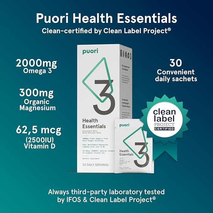 Puori P3 Health Essentials with Magnesium Zinc Complex, Omega 3 Fish Oil & Vitamin D3 Supplements - Men & Womens Daily Multi-Vitamins for Immune System Support & Overall Health - 30 Servings
