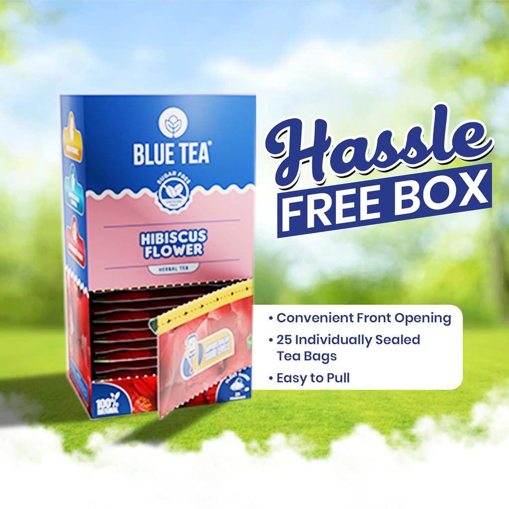 BLUE TEA - Hibiscus Tea - 25 Count - Plant Based Tea Bags | Supports Healthy Sugar Levels | Enhances Skin Glow | Caffeine Free - Herbal Tea - Tangy Flavour | Single Tear Tea Box | Easy Pull Sachets