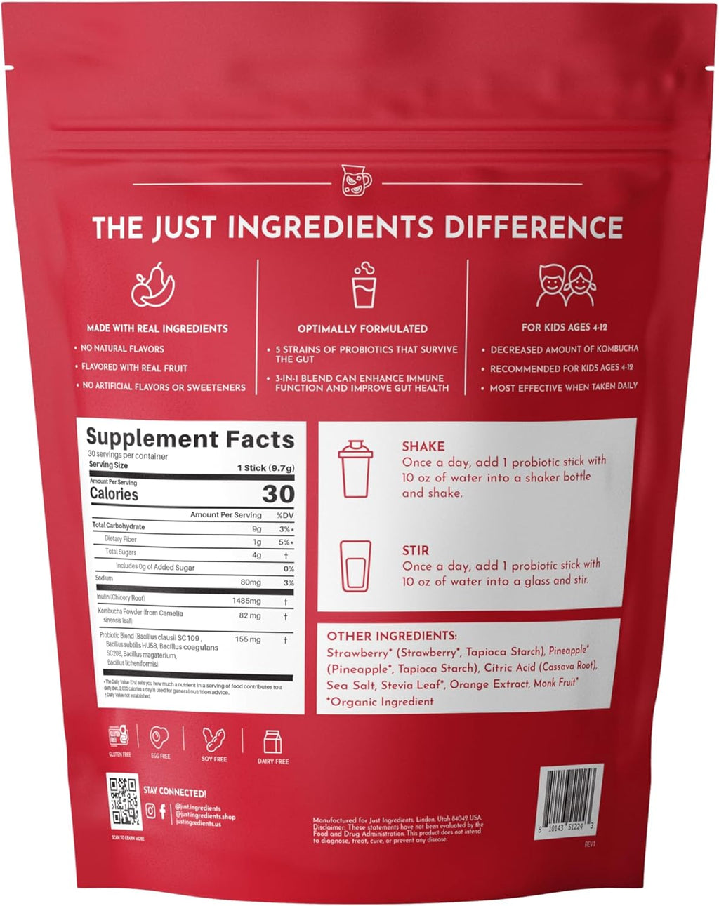 Kids Probiotic Complex Drink Mix – Fruit Punch Flavor – 30 Single-Serving Sticks | Prebiotic, Probiotic & Postbiotic Blend | Supports Gut Health, Digestion & Immune Function*