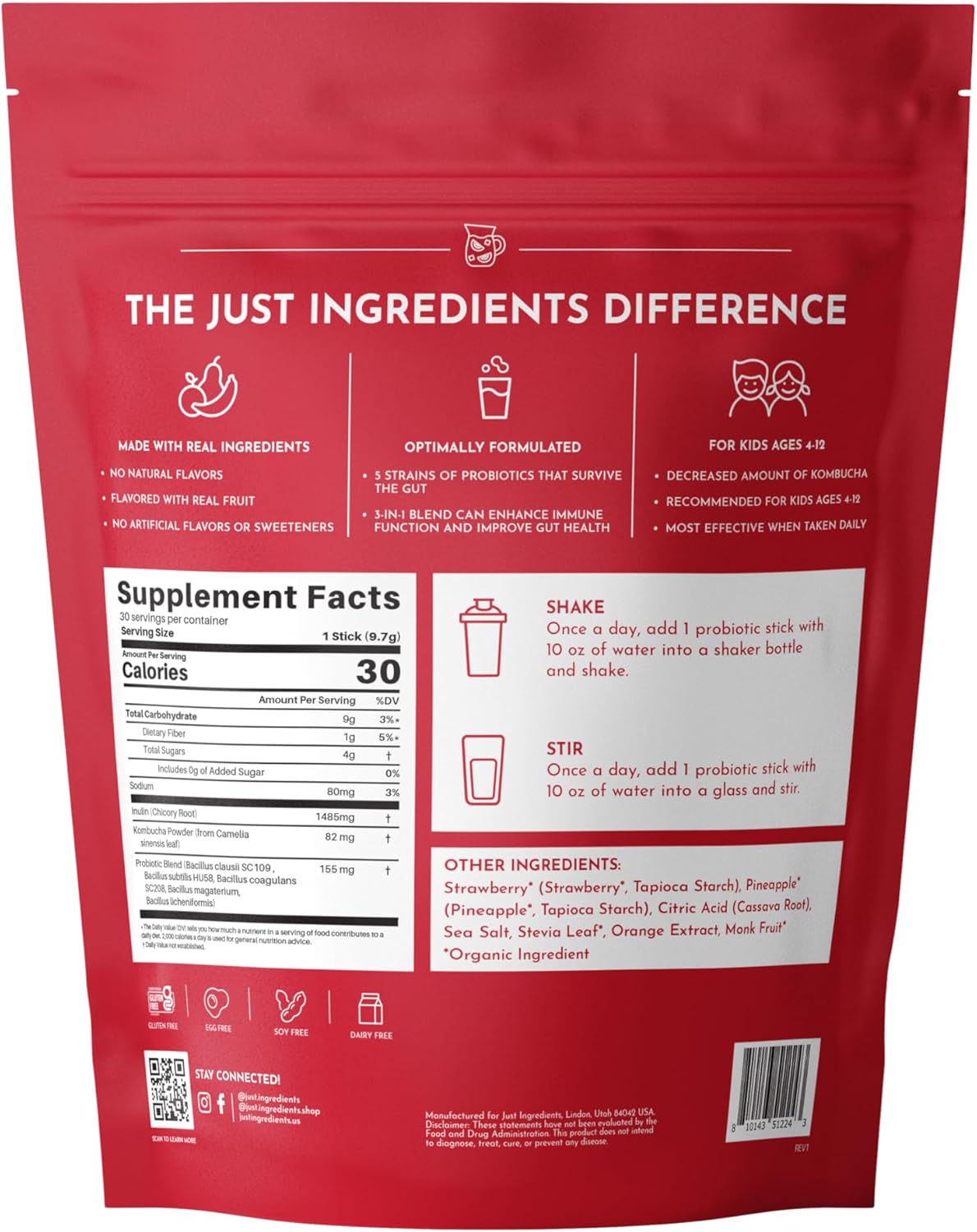 Kids Probiotic Complex Drink Mix – Fruit Punch Flavor – 30 Single-Serving Sticks | Prebiotic, Probiotic & Postbiotic Blend | Supports Gut Health, Digestion & Immune Function*