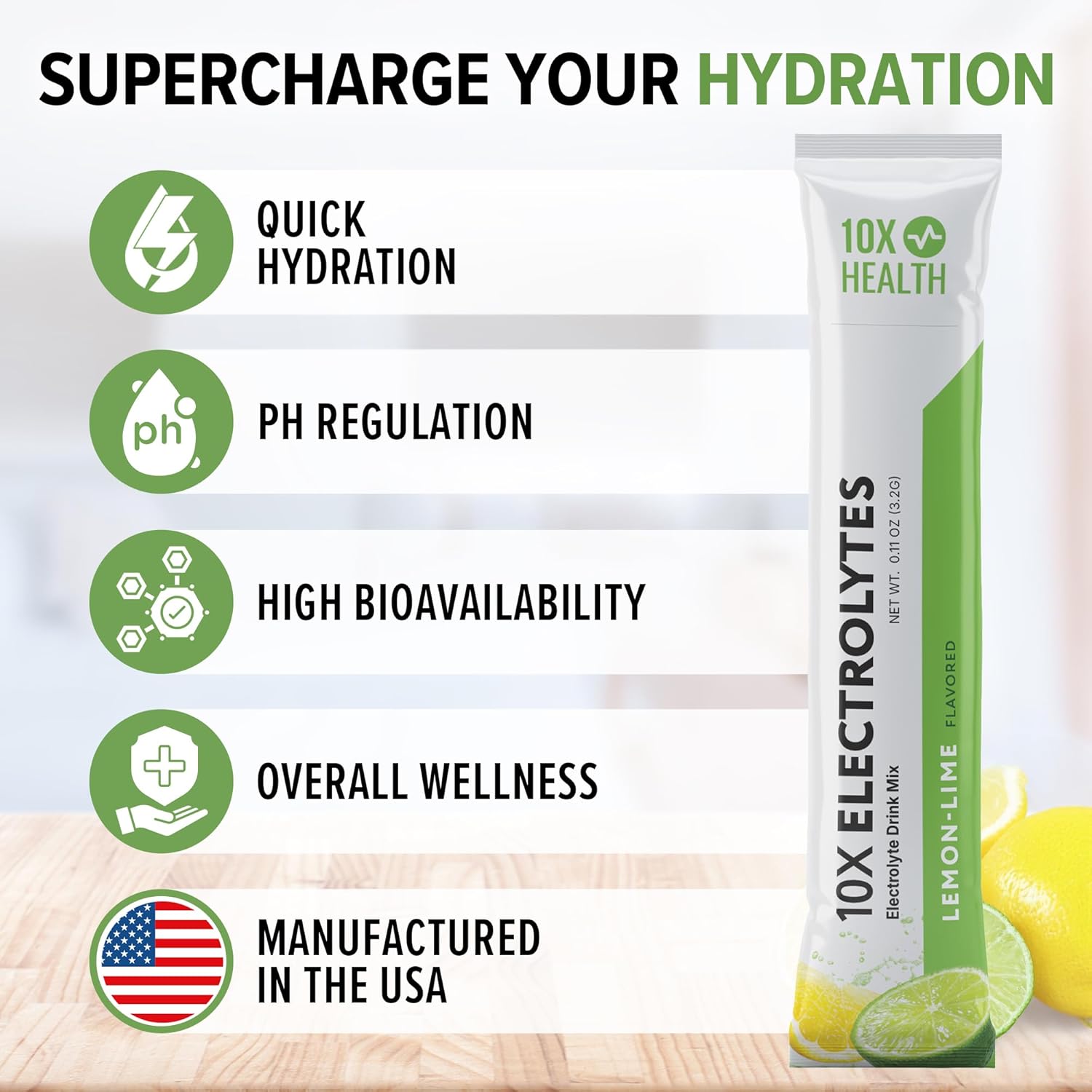 10X Health Electrolytes Powder Drink Mix Lemon Lime - Hydration Packets w/Potassium, Magnesium & Mediterranean Sea Salt - Sugar-Free Electrolytes Powder - Non-GMO Electrolyte Packets - 30 Stickpacks