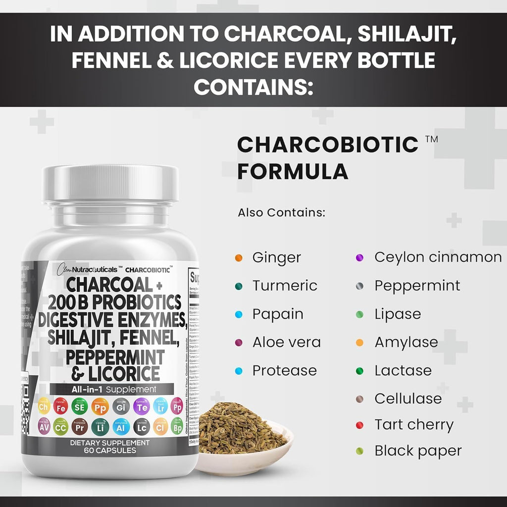 Clean Nutra Activated Charcoal Capsules Shilajit Pills Probiotic Digestive Enzymes for Digestive Health with Peppermint Fennel Licorice Papain Ginger Turmeric | Gut Health