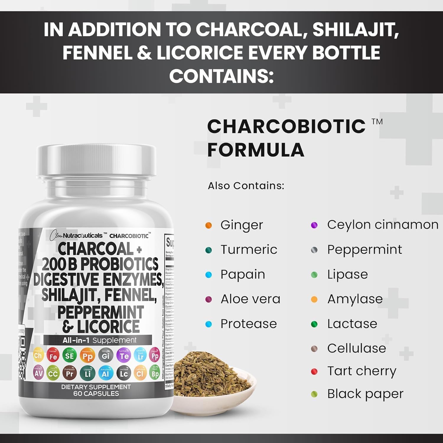Clean Nutra Activated Charcoal Capsules Shilajit Pills Probiotic Digestive Enzymes for Digestive Health with Peppermint Fennel Licorice Papain Ginger Turmeric | Gut Health